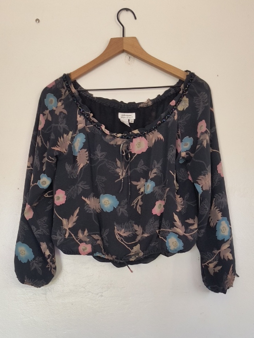 Reflections Images Of You 100% Silk Black Floral Boho Long Sleeve Blouse Sz S